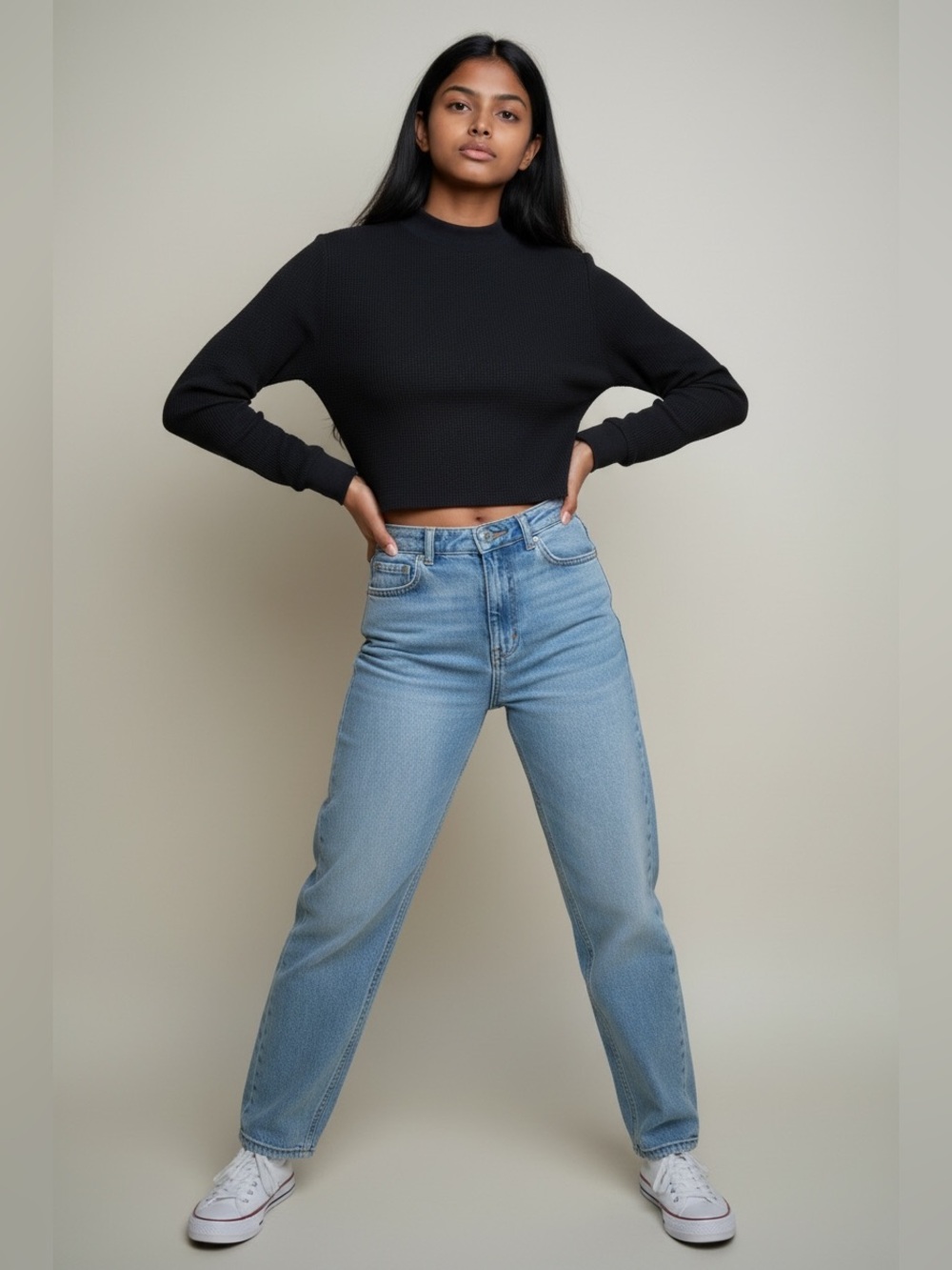 TNA Black Long-Sleeve Cropped Mock Neck Waffle Knit Top